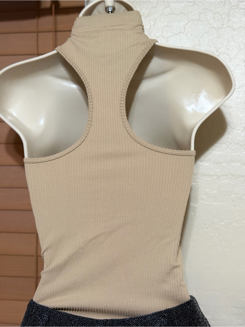 Ribbed High Neck Racerback Tank Top - Beige